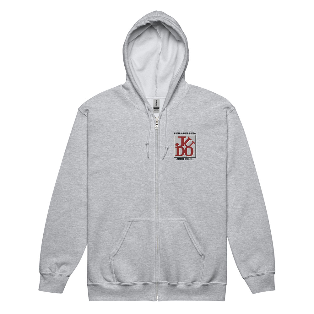 Philadelphia Judo Club Embroidered Zip Hoodie in Grey hanging